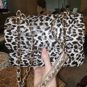 Quilted Leopard-Print Chain Shoulder Bag - Black & White